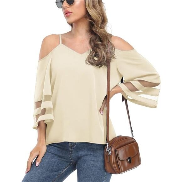 Beige Nude Mesh Panel 3/4 Bell Sleeve Off Shoulder Flowy Top Blouse Loose Top - Picture 4 of 5